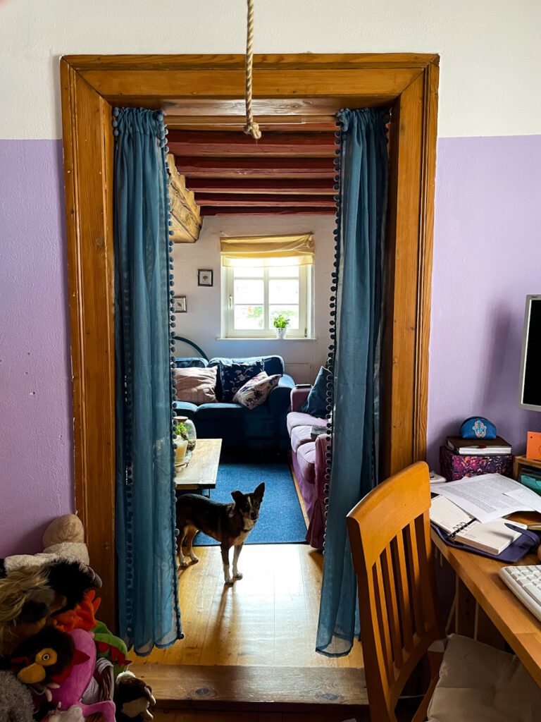Blick durch eine Tür in ein Wohnzimmer mit blauer Couch.